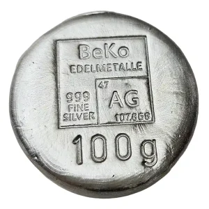 Im Trend BeKo Edelmetalle 100 Gramm Silberbarren - Rundbarren 999 Feinsilber (gegossen) Sammlerbarren