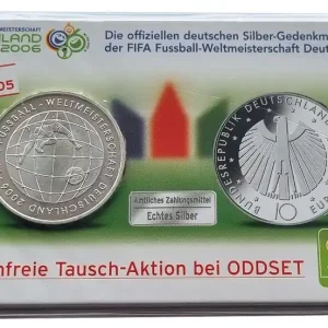 Handgefertigt BRD: 10 Euro Silber Gedenkmünze 2005 - Fussball WM 2006 in Deutschland im Oddset Blister