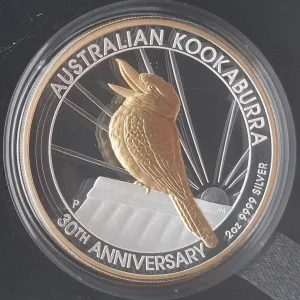 Australien 2 Oz Silber - 30 Jahre Kookaburra 2020 High Relief teilvergoldet Mengenrabatt