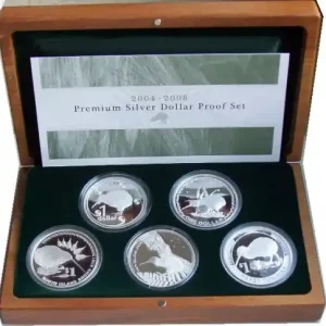 Letzte Chance Neuseeland 5 x 1 Oz Silber Kiwi Premium Set 2004 - 2008 Polierte Platte im Etui