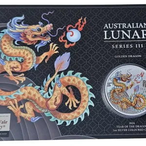Neue Kollektion Australien 1 Oz Silber Lunar III Goldener Drache 2024 - Chicago World's Fair of Money Ana Blister