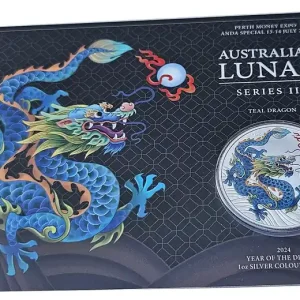 Abverkauf Australien 1 Oz Silber Lunar III Teal Drache 2024 - Perth Money Expo Anda Special Blister