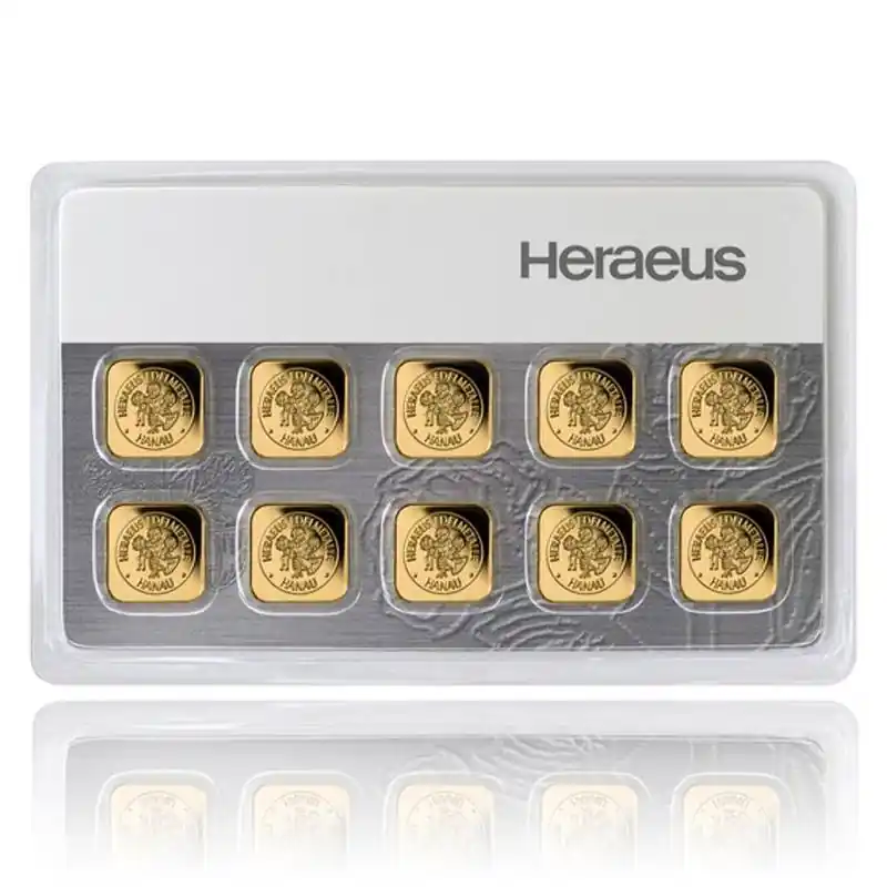 10 x 1 gramm Goldbarren 999,9/1000 Heraeus Multicard Beliebt