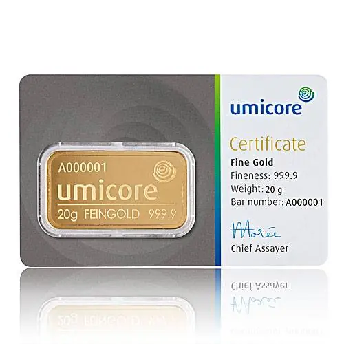 Hochwertig 20 gramm Umicore - Goldbarren 999,9/1000