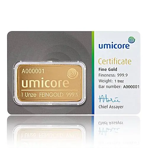 1 Unze Umicore - Goldbarren 999,9/1000 Gratis Versand